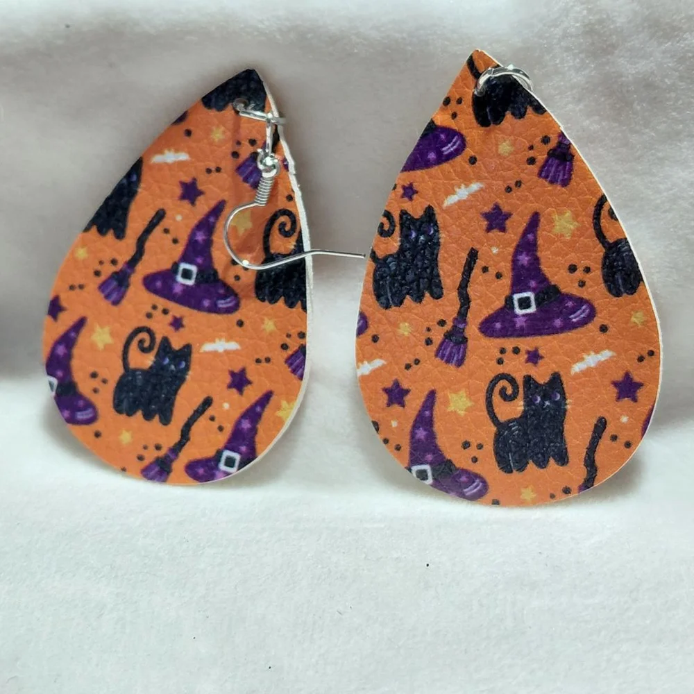 Women's Unbranded Halloween Cat Witch Hat Drop Earrings Orange Black